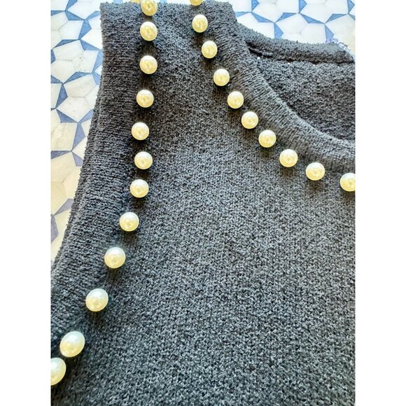 Anthropologie Pearl-Trim Black Sweater Tank Top M Cropped Sleeveless Knit Shell - Picture 7 of 10
